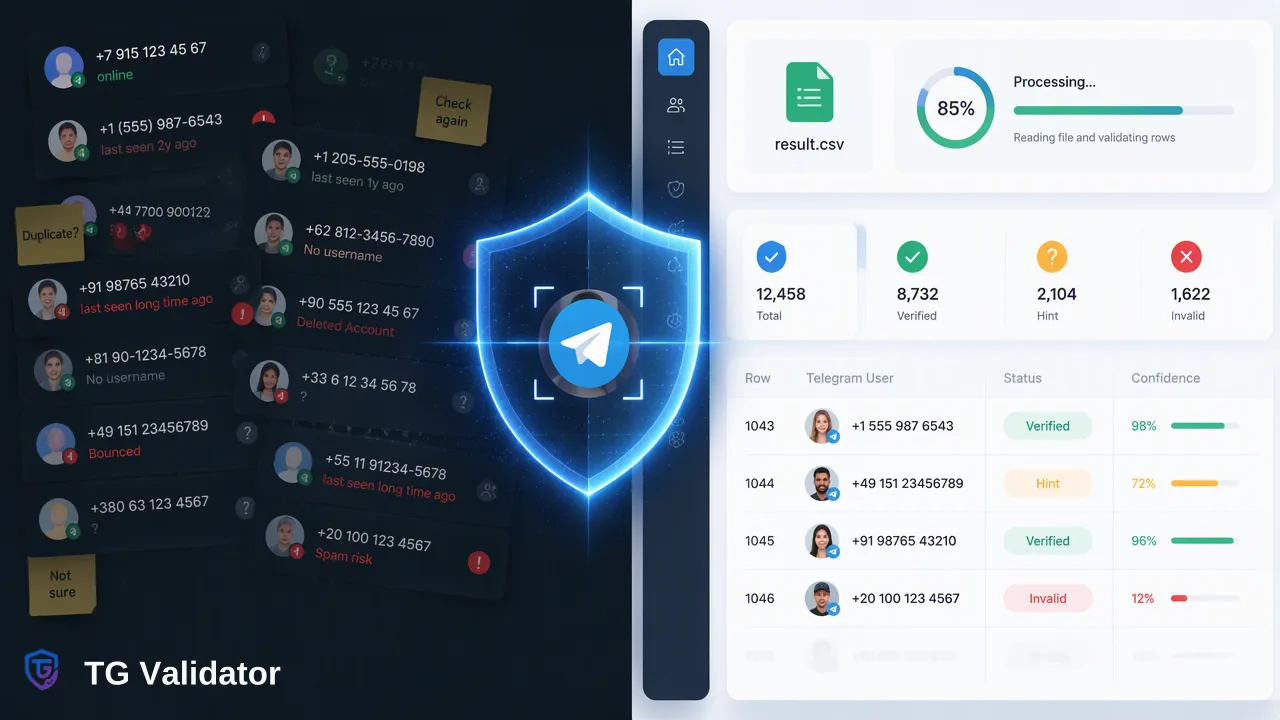 TG Validator workflow illustration for Bulk Telegram Profile Check: Enriching Contact Records Responsibly